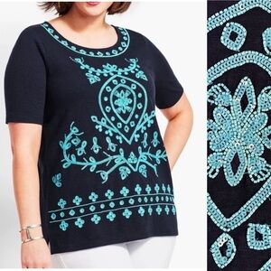 Talbots Sz PLUS 3X Navy Blue Turquoise Beaded Tunic Top Tee Cotton Short Sleeve